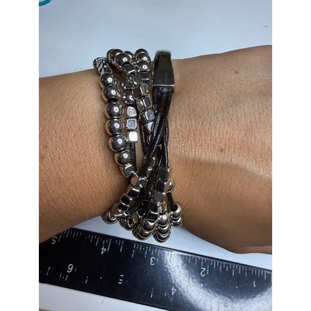 Silver Tone Multi Strand Beaded Leather Wrap Bracelet with Hook Clasp